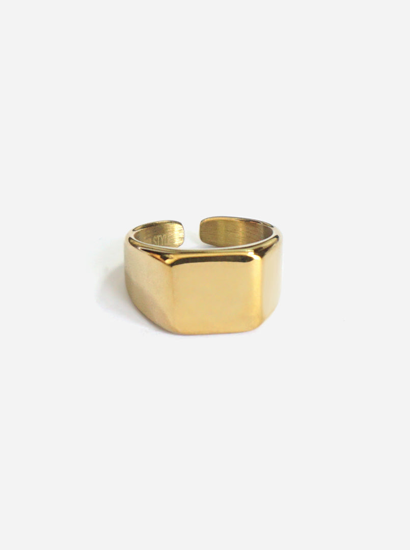 Massiver goldener Siegelring im klassischen Signet-Design, handgefertigt aus hochwertigem 18 Karat vergoldetem Edelstahl  – zeitloser Schmuck für Männer und Frauen