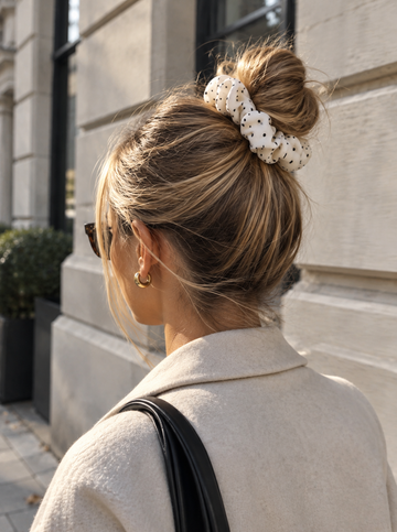 Ivory Polka Dot Scrunchie - seidiges Haargummi